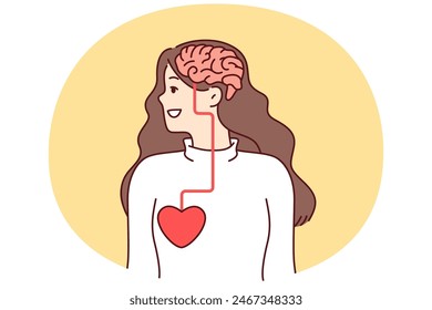 Woman looking away with visual demonstration of connection between brain and heart influencing person decision. Anatomical features of structure of body of woman for educational literature for doctors