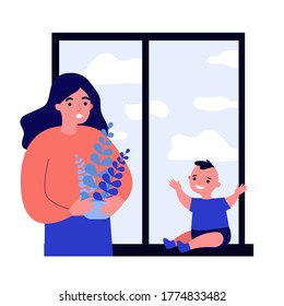 Woman looking at baby sitting on window. Danger, plant, kid flat vector illustration. Parenthood and childhood concept for banner, website design or landing web page