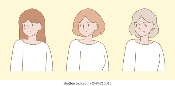Woman looking back to past time. Life cycle stages of woman from teenager to senior. Woman in different age, female generations from child to old. Hand drawn flat cartoon character vector illustration