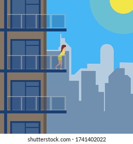 Woman Looking from Balcony Flat Design