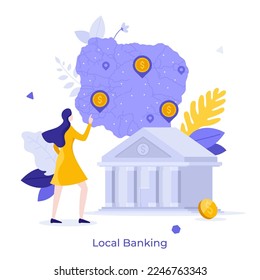 Woman looking at bank building and dollar coin location marks on map. Concept of finding local banking, search for financial institution office. Modern flat vector illustration for banner, poster.