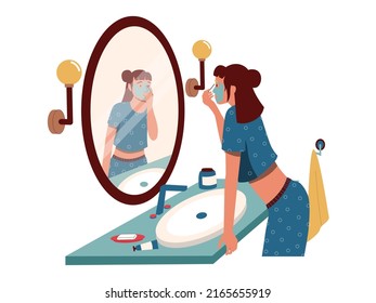 Woman looking at bathroom mirror. Morning girl hygiene and cosmetics routine, cartoon character standing before mirror. Vector self acceptance or narcissism concept. Lady having facial skincare svg