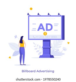 Woman Looking At Billboard With Telephone Number On It. Concept Of Outdoor Advertising, Promotion And Marketing, Advertisement On Street. Modern Flat Colorful Vector Illustration For Poster, Banner.