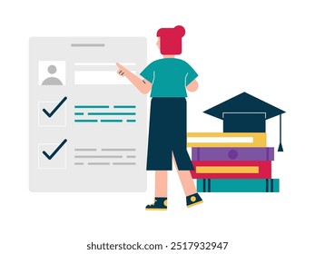 Woman looking at biodata to apply to a new university, junior college. Character design. Vector flat illustration