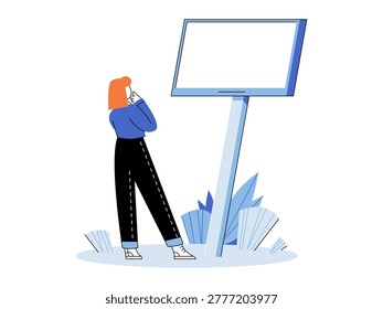 Woman looking at a blank billboard vector illustration. Marketing strategy, outdoor advertising, brand promotion, message delivery, public announcement, creative space. Female observing signboard