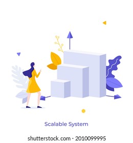 Woman looking at blocks of different sizes. Concept of scalable system, scalability of business model, network or algorithm, comparison of product versions. Modern flat vector illustration for poster.