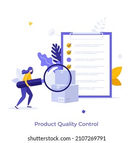 Woman looking at boxes through magnifying glass and check list. Concept of product quality control, inspection or test procedure focused on fulfilling requirements. Modern flat vector illustration.