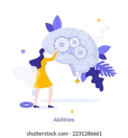 Woman looking at brain with gearwheels inside. Concept of mental ability, power of thought, intellectual skills, human intelligence, cognitive function. Modern flat vector illustration for poster.