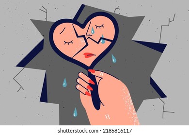 Woman looking in broken mirror crying psychological mental problems  Unhappy female suffer from insecurity   self  destruction  Vector illustration  