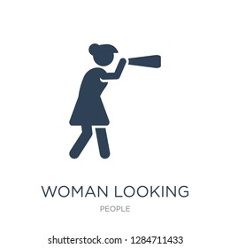 woman looking by a spyglass icon vector on white background, woman looking by a spyglass trendy filled icons from People collection, woman looking by a spyglass vector illustration