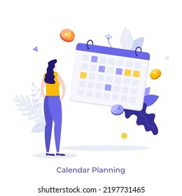 Woman Looking At Calendar Or Timetable. Concept Of Business Planning, Appointment Scheduling, Project Time Management, Task Organization. Modern Flat Colorful Vector Illustration For Poster, Banner.