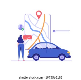 Woman looking for a car near her location. Concept of car rental, car sharing, driver services, taxi, sober driver, smart car, technology, check, geolocation. Vector illustration in flat design