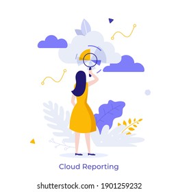 Mujer mirando la gráfica a través de lupa. Concepto de software de informes en la nube, servicio en línea o herramienta digital para el análisis de datos empresariales. Ilustración vectorial plana moderna para afiche, pancarta.