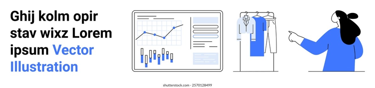 Woman looking at clothes on a rack, data charts with graphs and bars, and placeholder text. Ideal for business analysis, e-commerce, fashion, data visualization, and technology themes. Banner