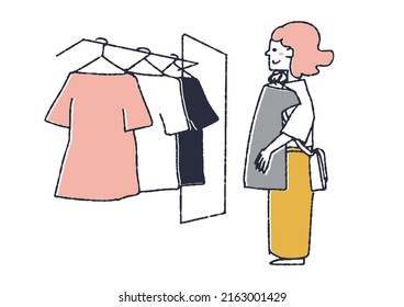 A Woman Looking For Clothes In A Shop A Woman Who Puts Her Favorite Clothes On Her Body In Front Of A Mirror A Comical Handwritten Person