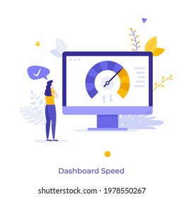 Woman looking at computer display with scale on screen. Concept of online dashboard or tool with speed indicator, internet performance test. Modern flat colorful vector illustration for banner, poster