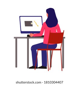 Frauen, die sich Computer mit fallenden Finanzdiagrammen ansehen, die Abschwung der Markt- und Wirtschaftskrise zeigen, flache Vektorgrafik einzeln auf weißem Hintergrund.