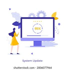 Frauen, die Computer mit Fortschrittsbalken und Prozentanzeige auf dem Bildschirm betrachten. Konzept der Systemaktualisierung, Software-Download, PC-Programminstallation. Moderne flache Vektorgrafik für Poster.