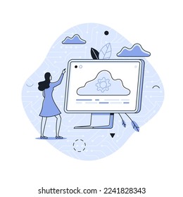 Frauen, die Computerbildschirm mit Getriebe auf Cloud. Konzept des Cloud-Computing-Prozesses, innovative Technologie der Online-Datenspeicherung. Moderne lineare Vektorgrafik für Banner, Poster.