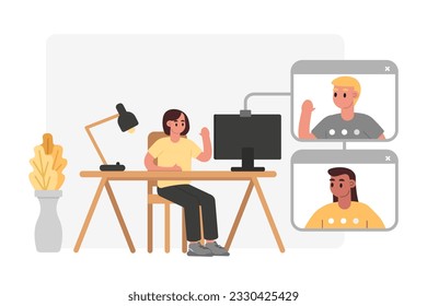 Mujer mirando la pantalla del ordenador y conversando con sus amigos. Concepto de videoconferencia en diferentes situaciones de vida. Llama con colegas. Ilustración plana vectorial en colores amarillos