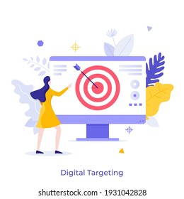 Woman looking at computer screen with shooting target and arrow in center. Concept of digital targeting marketing strategy, business goal, objective of startup project. Modern flat vector illustration