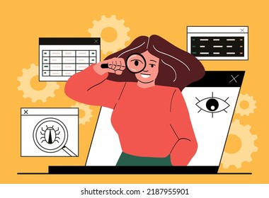 Woman looking for computer virus. Girl with magnifying glass examines monitor screen. Internet security, online protection, antivirus. Programmer and IT Specialist. Cartoon flat vector illustration