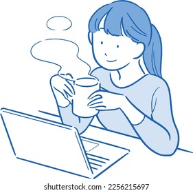 A woman looking at a computer while relaxing, Blue ver.
