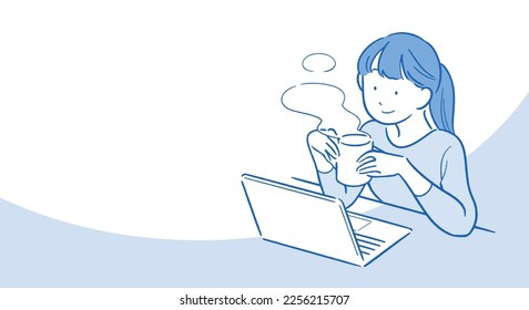 A woman looking at a computer while relaxing, blue ver.