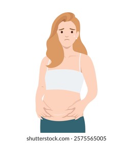 Woman looking concerned as she examines her stomach, reflecting emotions about body confidence. Flat vector illustration isolated on white background