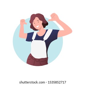 Woman looking confident with smile on face, pointing oneself with fingers proud and happy. Colored vector illustration in flat cartoon style. Hand drawn style vector design illustrations.