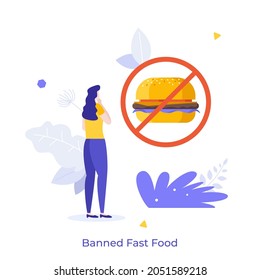 Woman Looking At Crossed Out Hamburger. Concept Of Banned Fastfood Or Junk Processed Food, Diet And Cheat Meal, Calorie Restriction. Modern Flat Colorful Vector Illustration For Poster, Banner.