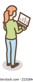 Woman looking at data chart on laptop screen. Isometric icon