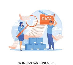 Woman looking for data in privacy media center. Man storing data in the data center. Data Management concept. Flat vector illustration.