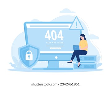 A woman are looking for data storage errors, 404 error trending concept flat illustration