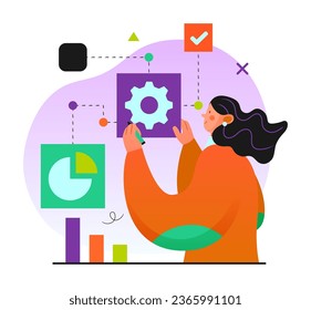 a woman is looking at a diagram with gears on it