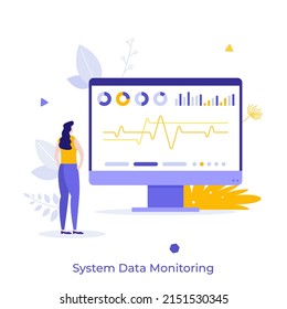 Frauen, die sich Diagramme und Anzeigen auf dem Computerbildschirm ansehen. Konzept der Software für die Systemdatenüberwachung, das Bedienfeld oder das Dashboard. Moderne, flache, farbige Vektorgrafik für Banner, Poster.