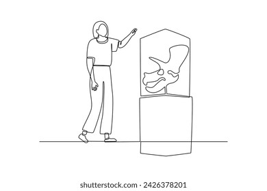 Woman looking at a dinosaur head display in a museum display. International museum day, historical museum concept, Vector museum background.