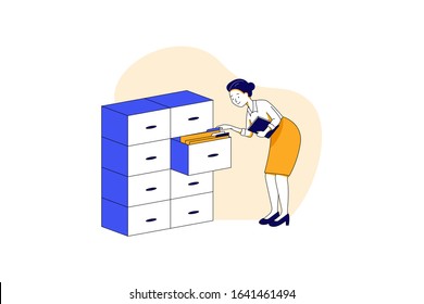 The woman looking for documents in drawer. Can use for web banner, mobile app, hero images. Flat vector illustration on white background.