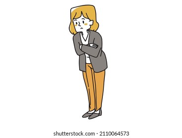 Eine Frau, die nach unten schaut und denkt, eine warme, handgeschriebene Illustration einer Person, eine Vektorgrafik auf weißem Hintergrund