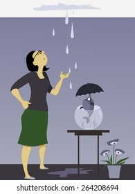 Woman looking at a dripping leak on the ceiling, fish in a bowl holding an umbrella, vector illustration, no transparencies, EPS 8 