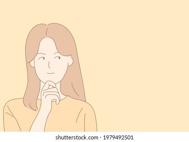 woman looking up empty space deep thinking creative person arm on chin wear casual  isolated yellow color background