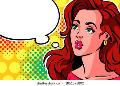 Woman looking at empty speech bubble. Pop art vector illustration.	

