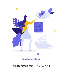 Woman looking at eye half-covered by translucent veil and using visibility control panel. Concept of invisible mode, setting or option for hiding online presence. Flat vector illustration for banner.