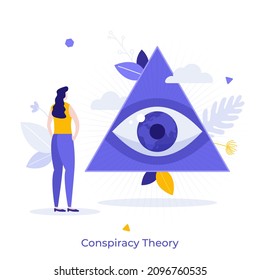 Woman Looking At Eye Of Providence Symbol Enclosed In Triangle. Concept Of Concpiracy Theory, Secret Society, Mysterious Organization. Modern Flat Colorful Vector Illustration For Banner, Poster.