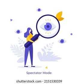 Woman looking at eye through magnifying glass. Concept of spectator or observer mode, privacy option, setting to disguise internet presence. Modern flat vector illustration for banner, poster.