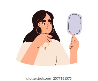 Woman looking at face, appearance in mirror. Young female contemplating reflection with happy smile. Self love and perception, psychology concept. Flat vector illustration isolated on white background