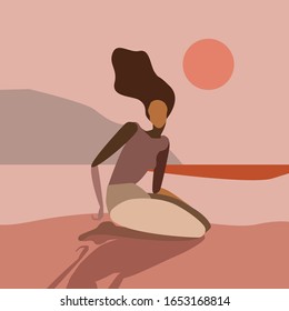 Woman looking far away while relaxing on the beach during a sunset. Minimalist and Trendy. Flat Vector Illustration.