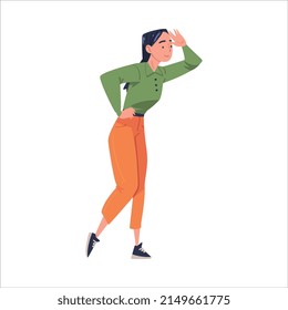 Woman Looking Far at Something Interesting Holding Hand Near Forehead Vector Illustration