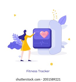 Woman looking at fitness or activity tracker or smartwatch. Concept of smart electronic device or gadget for heart rate monitoring during sports exercise. Modern flat vector illustration for poster.