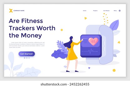 Woman looking at fitness or activity tracker or smartwatch. Concept of smart electronic device for heart rate monitoring during sports exercise. Modern flat vector illustration for landing page